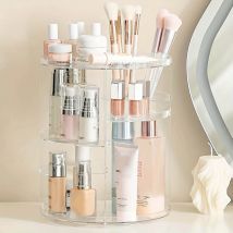 Organisateur de maquillage rotatif à 360 °, organisateur de salle de bain rotatif, étagère de support de cosmétiques (transparent)