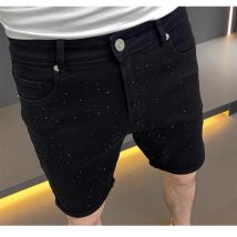 Men's Clothing Hot Diamond Trendy Five Point Jeans Thin Black Denim Shorts Mid Length Pants