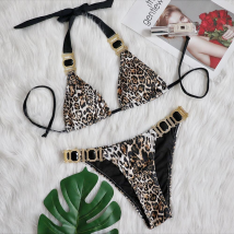 Maillot de bain bikini pour femmes, style célébrité, vacances, sexy, imprimé léopard, diamant, taille basse, push-up, fendu, maillot de bain