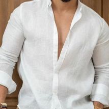 Men's Clothing [BreezeWeave] Men's Linen-Blend Shirt - Minimalist Design | Breathable Summer Top