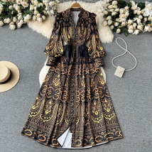 Robe longue rétro grande balançoire au dessus du genou pour femmes, col en v, manches bouffantes, robe imprimée