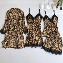 Ensemble de pyjama en soie imprimé léopard noir pour femme, vêtements de maison, ensemble de pyjama en dentelle tendance