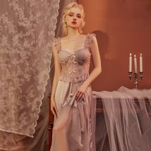 Vêtements de nuit pour femmes, vêtements de maison sexy, chemise de nuit longue de luxe légère avec coussin de poitrine, anneau en acier froncé, pyjama à bretelles Pure Desire