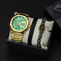 Coffret montre homme OMYA étanche 3 ATM en acier inoxydable avec calendrier et quartz, coffret cadeau et bracelet
