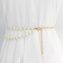 HOT Multilayer Pearl Thin Long Belt For Women Elegant Gold Metal Body Chain Apparel Dress Decor Adjustable Female Waist