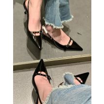 Sandales à talons moyens et petits pour femmes, chaussures simples à talons aiguilles pointus noirs, printemps été 2024, tempérament à talons hauts