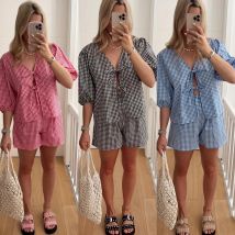 [Coton et lin] Ensemble deux pièces pour femme, haut à carreaux à lacets et short à carreaux
