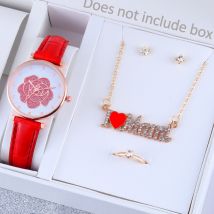 Montres pour femmes Montre ronde simple à fleurs pour femmes Montre en cuir neuve Montre MM Lettre Pendentif Coeur Bijoux