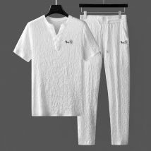 vêtements pour hommes Costume deux pièces plissé à la mode d'été pour hommes T-shirt à manches courtes en coton et lin mince Style chinois Col en V Costume de sport décontracté blanc