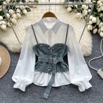 Women's Clothing Light luxury French style high end temperament suit for women Polo collar lantern sleeve shirt + diamond waist suspender vest