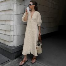 Women's Clothing Ins Simple Linen V Neck Puff Sleeve Backless Lace Up Dress Spring And Autumn