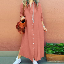 Women's Casual plus size women's dress cotton and linen shirt long skirt casual long-sleeved cardigan dress