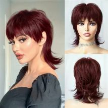 Perruque Mullet en cheveux humains 99J, coupe Pixie, perruques 70S 80S, sans dentelle sur le devant, avec frange, perruques courtes et hirsutes en couches pour fête, cosplay