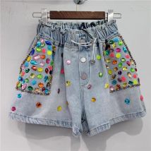 Vêtements pour femmes, short en denim incrusté de perles de diamant, taille haute, amincissant, jambes larges, pantalons pour femmes