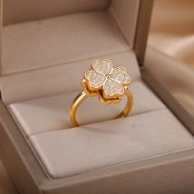 Bague rotative en zircon à quatre feuilles pour femme, anneau anti-stress en acier inoxydable, anti-anxiété, esthétique