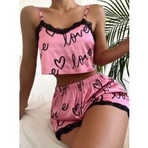 Pyjama imprimé mignon pour femmes, vêtements de maison de printemps et d'été, ensemble de bretelles patchwork en dentelle à la mode