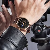 Montre de sport à quartz vintage phosphorescente à trois yeux pour homme avec bracelet en cuir