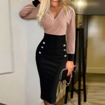 Women's Clothing  2024 hot selling independent station contrast color V neck waist ribbed button hip dress