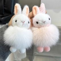 Porte-clés de voiture en vraie fourrure de renard, mignon lapin, pendentif en peluche, sac à dos, ornements en boule de fourrure 1