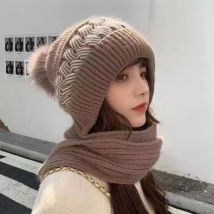 Chapeau coréen d'automne et d'hiver pour femme, plus chapeau en fil de velours, écharpe pour femme, chapeau tout-en-un, résistant au froid, épais et chaud, protection des oreilles, bonnet tricoté