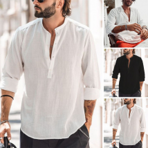 2024 New Men's Casual Stand up Collar Door Tube Solid Color Long sleeved Bamboo Knot Cotton Linen Shirt