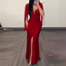 Robe de soirée plissée à paillettes pour femmes, tenue sexy à la hanche, col rond, manches fendues à pampilles