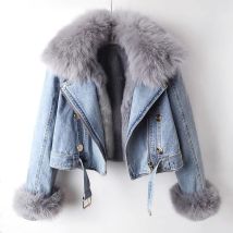 Women's Clothing Autumn and Winter New Removable Fur Rabbit Fur Liner Denim Jacket Women's Short Top Party Jacket