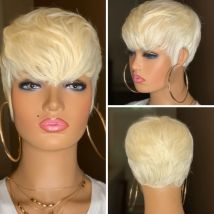 Perruque de cheveux humains courte et lisse blonde miel 613 avec frange pour femmes