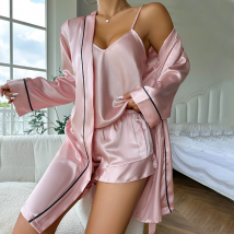 Danilin cross border ice silk pajamas for women, suspender shorts,pajamas three piece set,comfortable in summer and can be worn outside