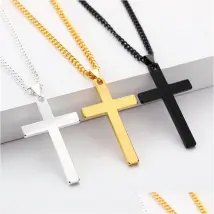 Pendant Necklaces Mooham Polished Cross With Necklace Men Filled Sier Black Gold Stainless Steel Plain Chain 24 Inch