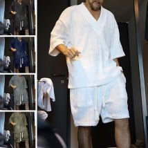 Achat par tableau des tailles Pull décontracté T-shirt à manches amples Short court Ensemble de tissage en laine pour hommes 2023 Été Nouveau style