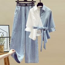 Costume d'été pour femmes, nouvelle mode, à la mode, couvrant la chair, haut amincissant, jean taille haute, ensemble deux pièces