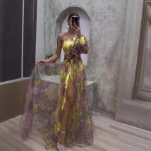 Vêtements pour femmes sexy épaule oblique une épaule à manches longues robe en gaze florale jupe longue haut de gamme grande balançoire florale