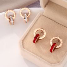 Earrings 1pc titanium steel non-fading double ring Roman numerals red diamond white diamond with diamonds