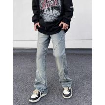 Men's High Street Washed Button Vibe Design Loose Jeans