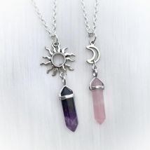 Colliers 2 pièces pierre naturelle colonne hexagonale pendentif cristal soleil et lune charme meilleur ami collier