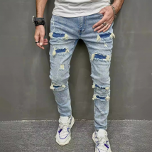 Men's Clothing 2024 New High-Quality Men's Worn-Out Stretch Jeans Skinny Jeans Men's Jeans