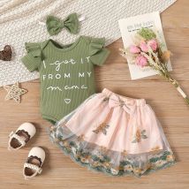Mère et enfants transfrontaliers INS nouveau-né bébé fille style d'été lettre imprimée à manches courtes enveloppement pet barboteuse maille jupe accessoires pour cheveux
