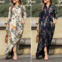 Vêtements pour femmes femmes vacances décontracté revers à manches longues Robe longue imprimé fleuri coton Robe bouton chemise longue