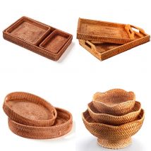 Rattan Tray Set (3-Piece) - Multi-Purpose Fruit & Snack Serving Tray For Tea Cups Candy Nuts - Handwoven Storage Organizer​