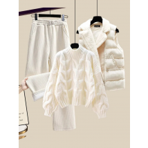 Ensemble trois pièces chaud d'hiver pour femmes, tenues de bureau pour dames, pull tricoté épais + gilet en laine d'agneau + pantalons pour femmes