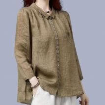 2024 autumn cotton and linen loose casual long sleeved solid color shirt for women