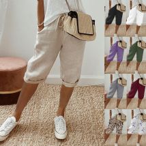 Pantalon décontracté élastique à poches en coton et lin pour femme, pantalon quart