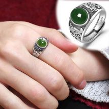Bague plaquée argent pour hommes, Imitation Hetian Jade Jasper, bague ouverte émeraude Vintage