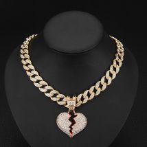 Ins fashion style alloy full diamond boyfriend love pendant necklace men and women hip hop broken heart pendant chain