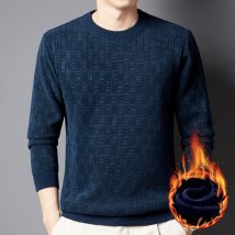 Vêtements pour hommes Pull d'hiver pour hommes Plus velours épaissi Jacquard Plaid tout en un velours chaud haut couleur unie col rond bas pull