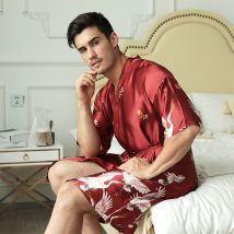 Robe de nuit en soie imprimée mi-longue pour hommes, pyjama sexy du matin