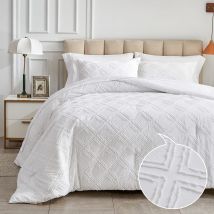 White Bohemian Embroidered Tufts Breathable Queen Size Comforter Sets, All-Season Down-Alternative 3-Piece Bedding Set