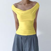 Women's Clothing New Sleeveless Lace Up Bottoming Top Summer Sexy Off Shoulder T Shirt