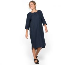 Tunika-Leinenkleid mit kurzer Knopfleiste und 3/4-Arm, nachtblau 44/46